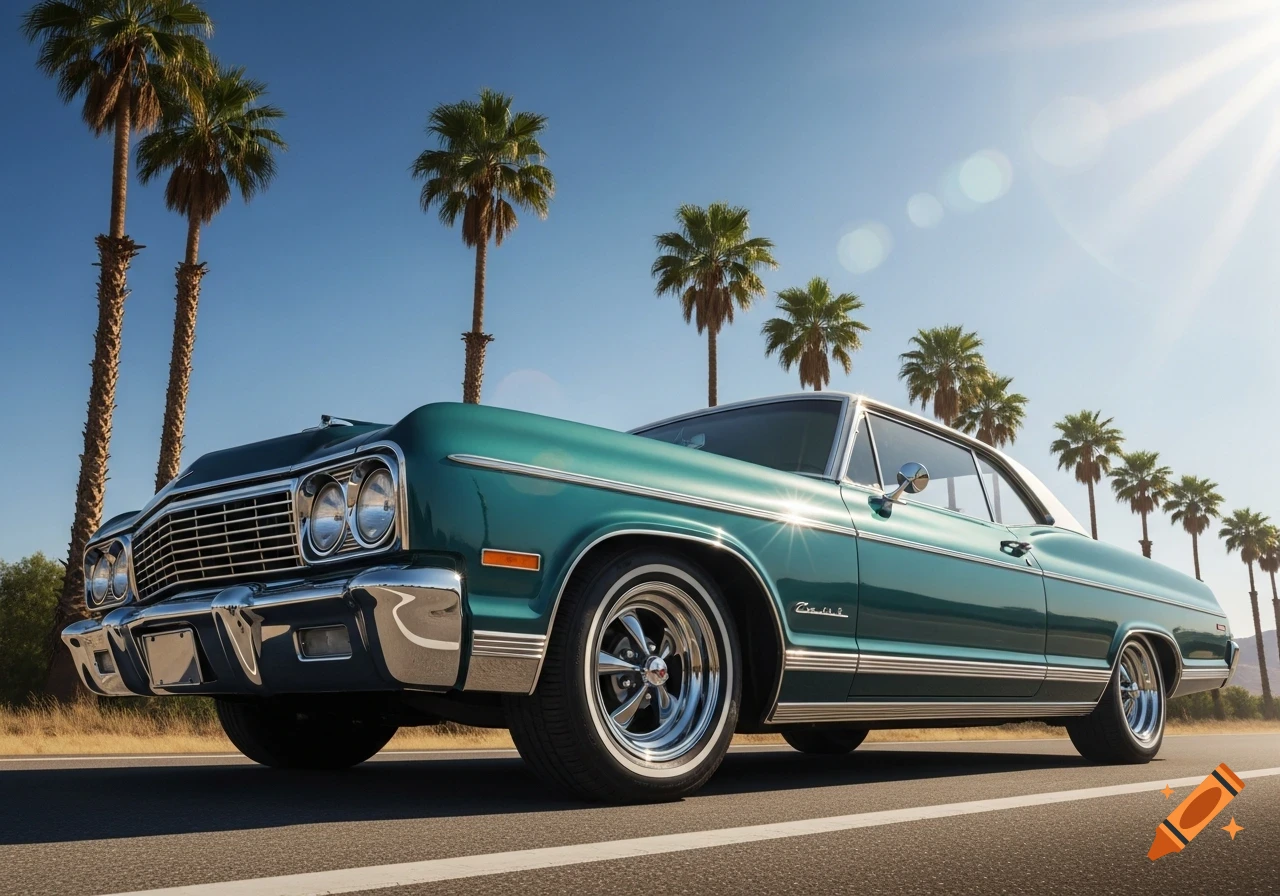 Teal classic American car, possibly a Chevrolet, drives on a road lined with palm trees under a bright blue sky.