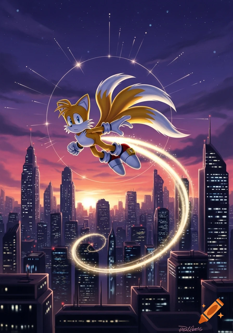 Tails from Sonic the Hedgehog soars above a vibrant city skyline at sunset, leaving a luminous golden trail.
