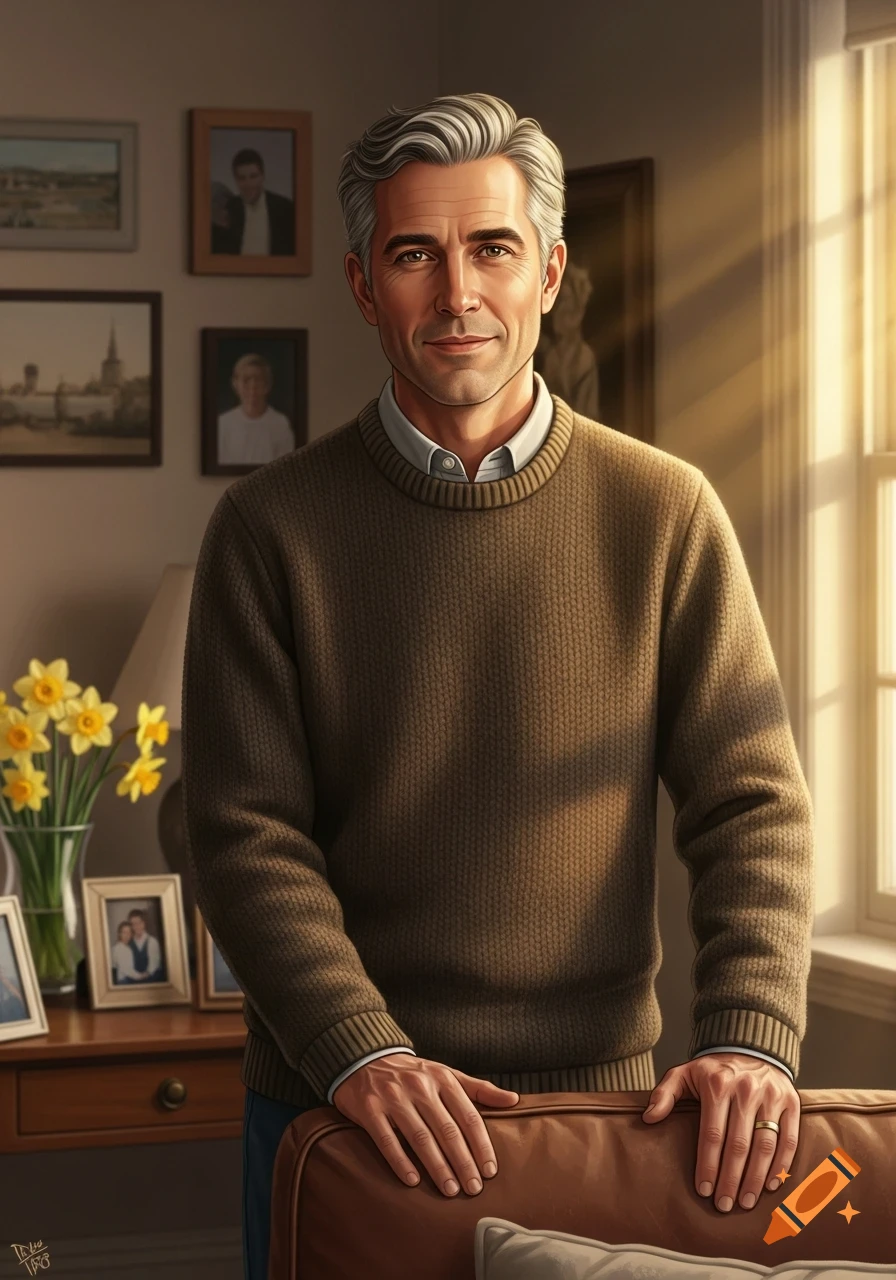 A smiling man with gray hair in a brown sweater stands in a sunlit room, hands on a couch, with framed photos and daffodils.