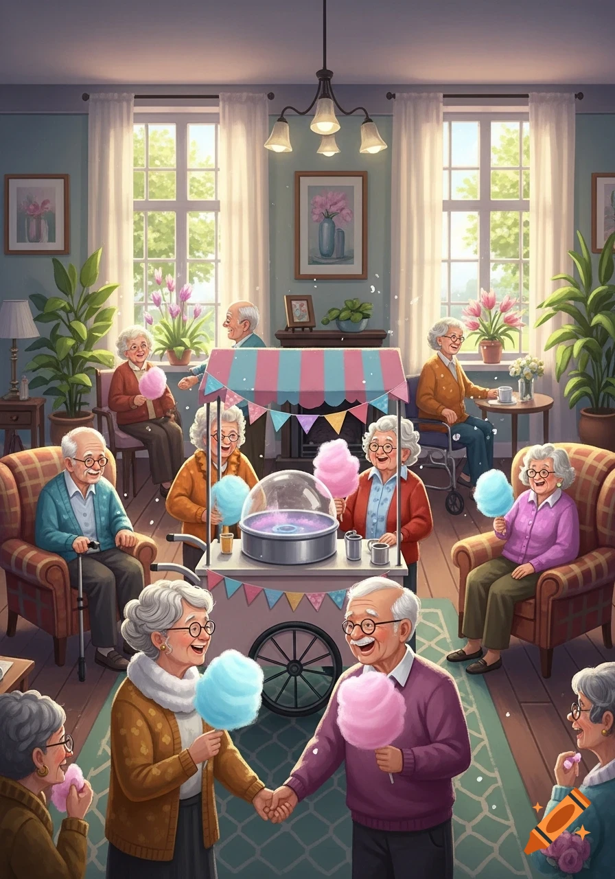 Elderly people enjoying cotton candy in a bright, cozy room with a cotton candy machine, plants, and large windows.