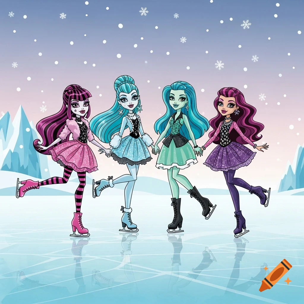 Four Monster High characters (Draculaura, Abbey, Lagoona, Isi) ice skate on a frozen lake with snowy mountains.