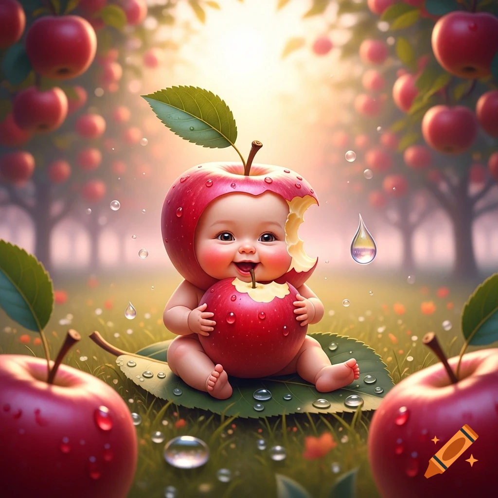 Cute smiling baby in an apple costume sits on a leaf, holding a bitten apple in a vibrant orchard, whimsical style.