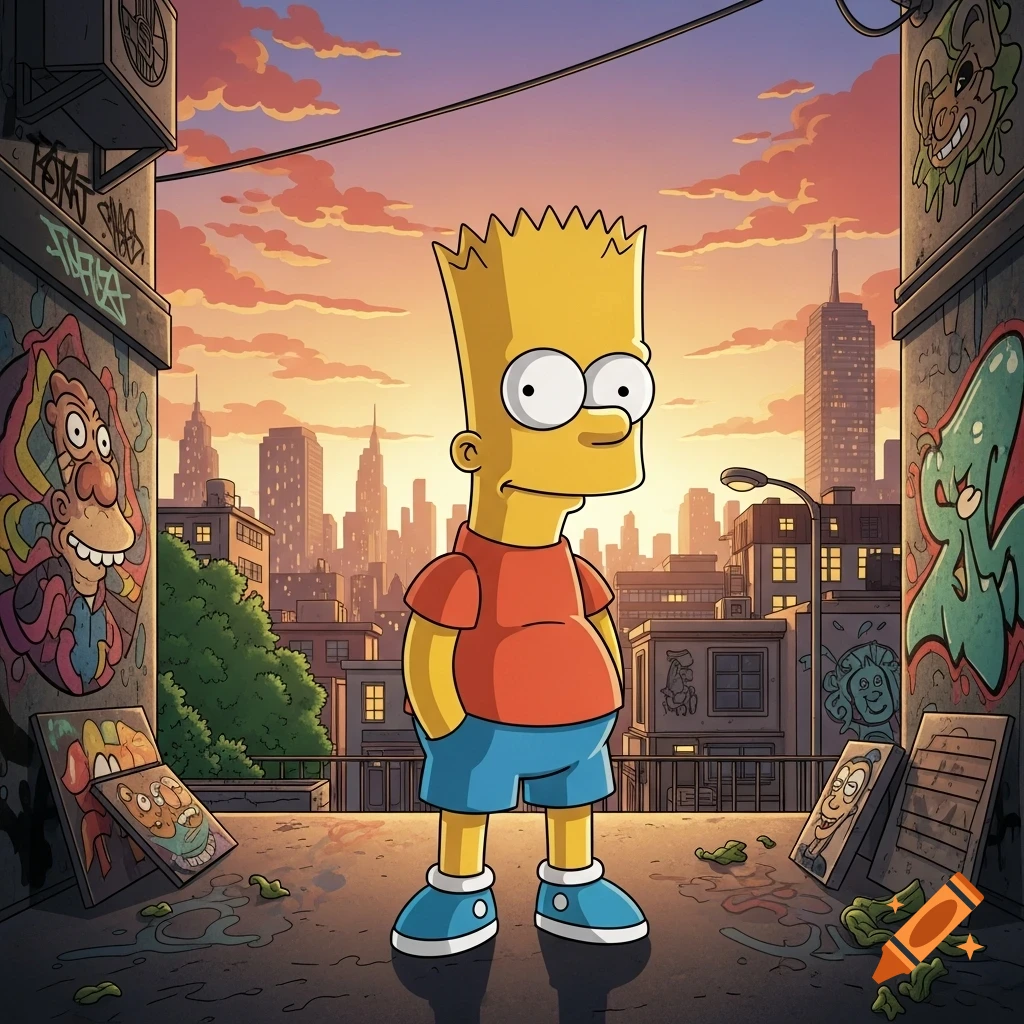 Bart Simpson stands on a rooftop overlooking a city skyline at sunset, surrounded by colorful graffiti art.