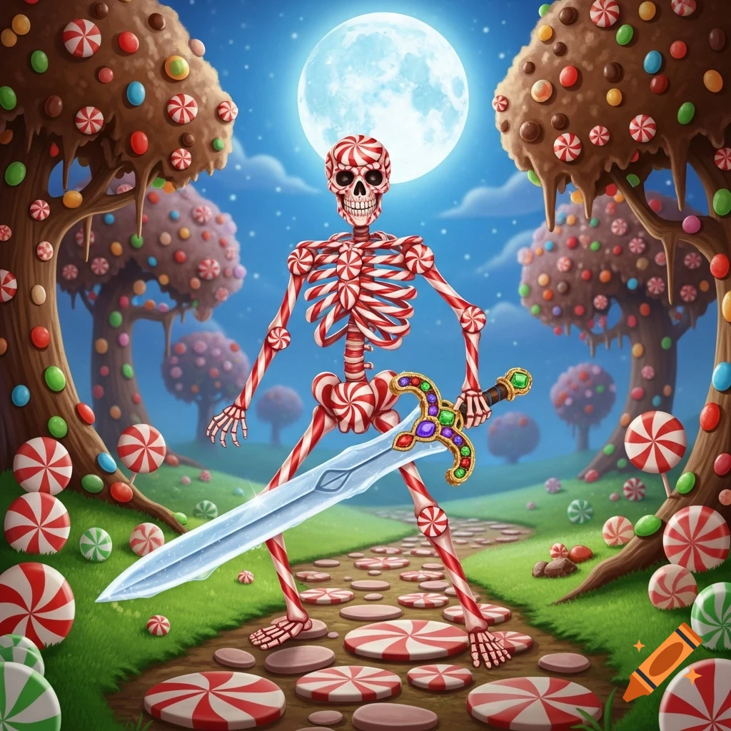 A skeleton made of red and white candy canes holds a sword in a vibrant candy land with chocolate trees and a lollipop path under a full moon.