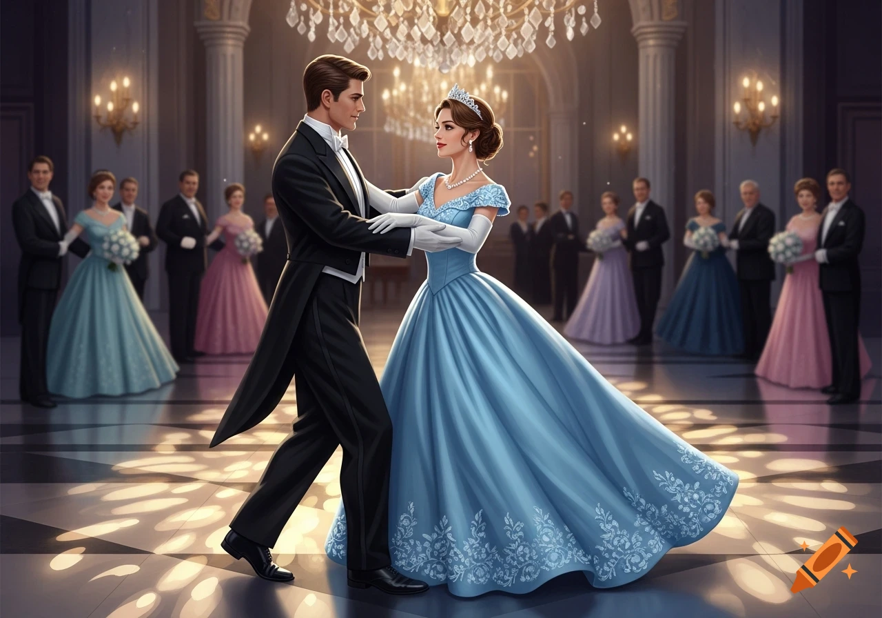 A man in a black suit dances with a woman in a blue ball gown, tiara, and pearls in a grand ballroom with other couples.