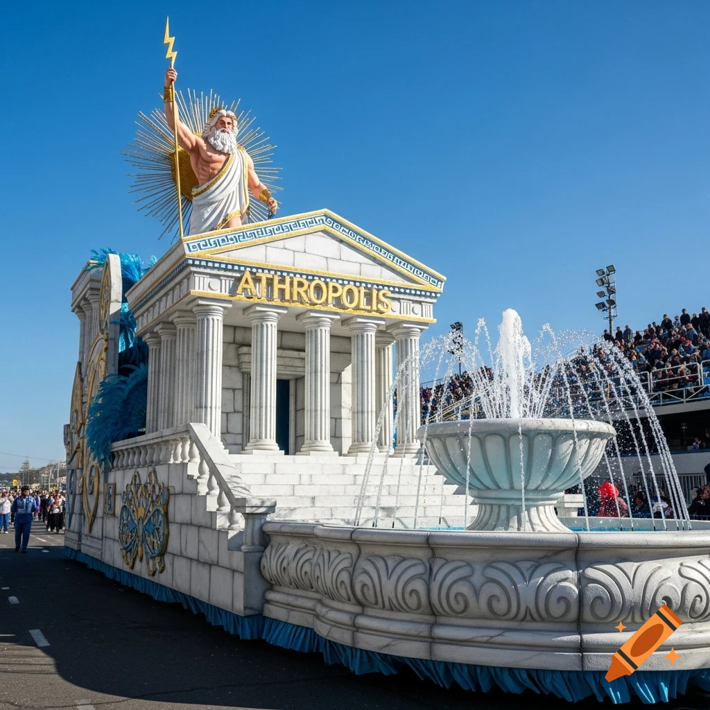A photorealistic carnival parade float features a white marble Greek temple named 'Athropolis' with a statue of Zeus holding a lightning bolt, and a detailed fountain.