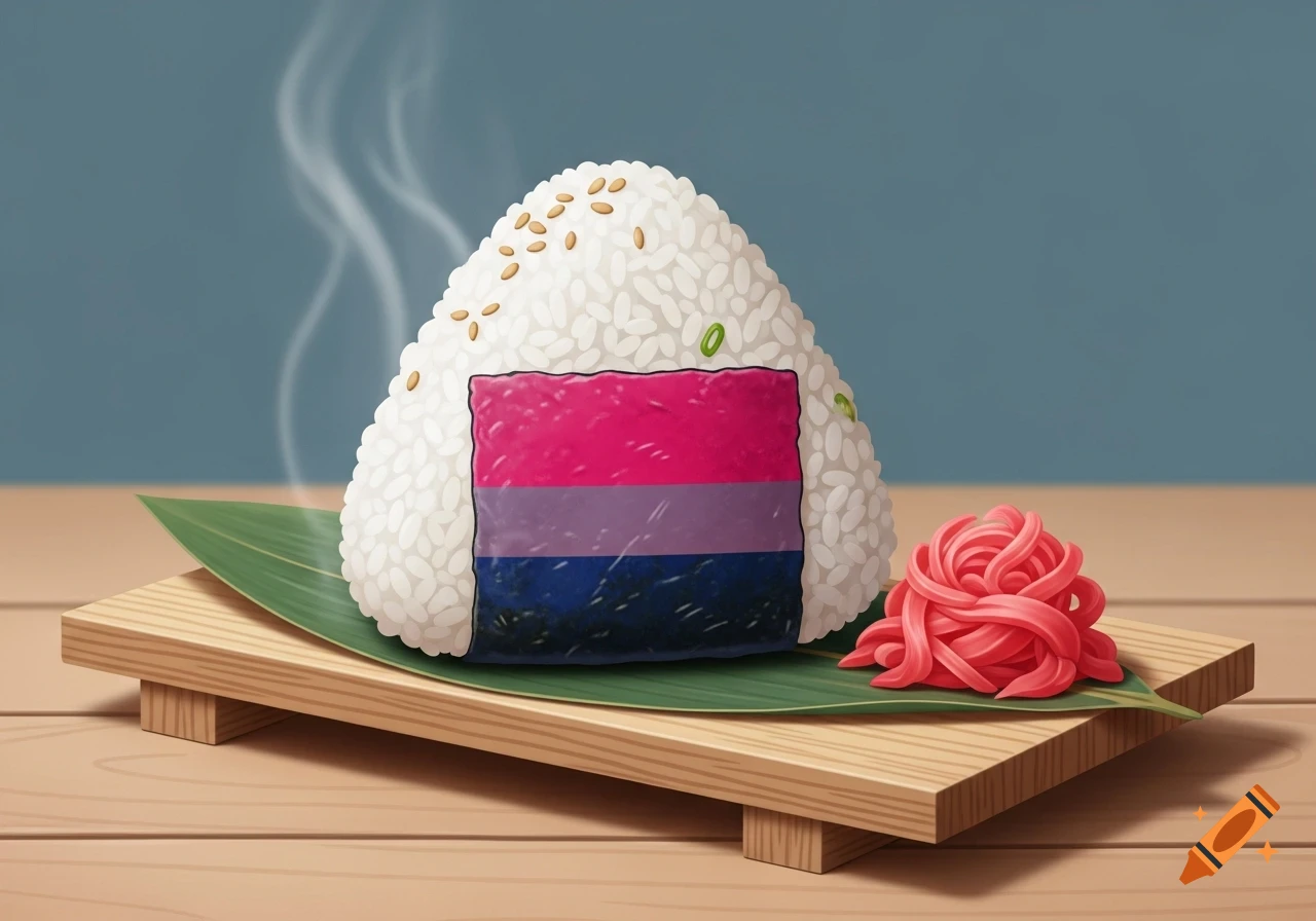 An onigiri with a bisexual pride flag seaweed wrap, served on a wooden tray with pickled ginger.