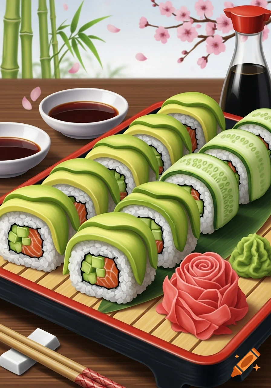 Illustrated sushi rolls with avocado and cucumber on a tray, with soy sauce, wasabi, ginger, and chopsticks. Background features bamboo and cherry blossoms.