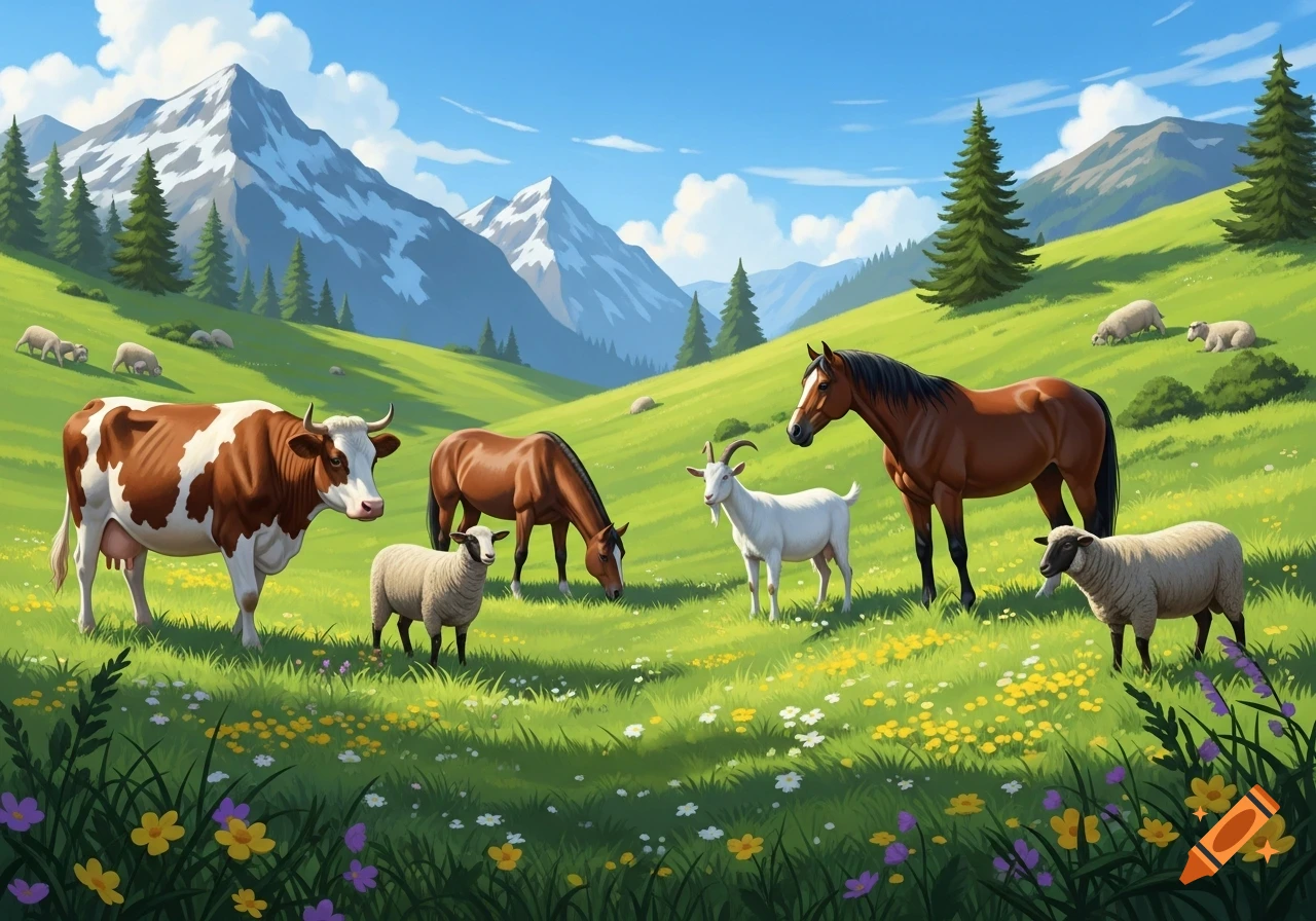 Illustrated cow, horses, goat, and sheep in a vibrant green mountain pasture with wildflowers and snow-capped mountains.