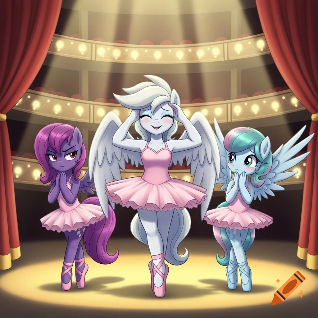 Cartoon of three My Little Pony characters on a stage in pink tutus. An angry purple pony, an embarrassed blue pony, and a white pony admiring herself.