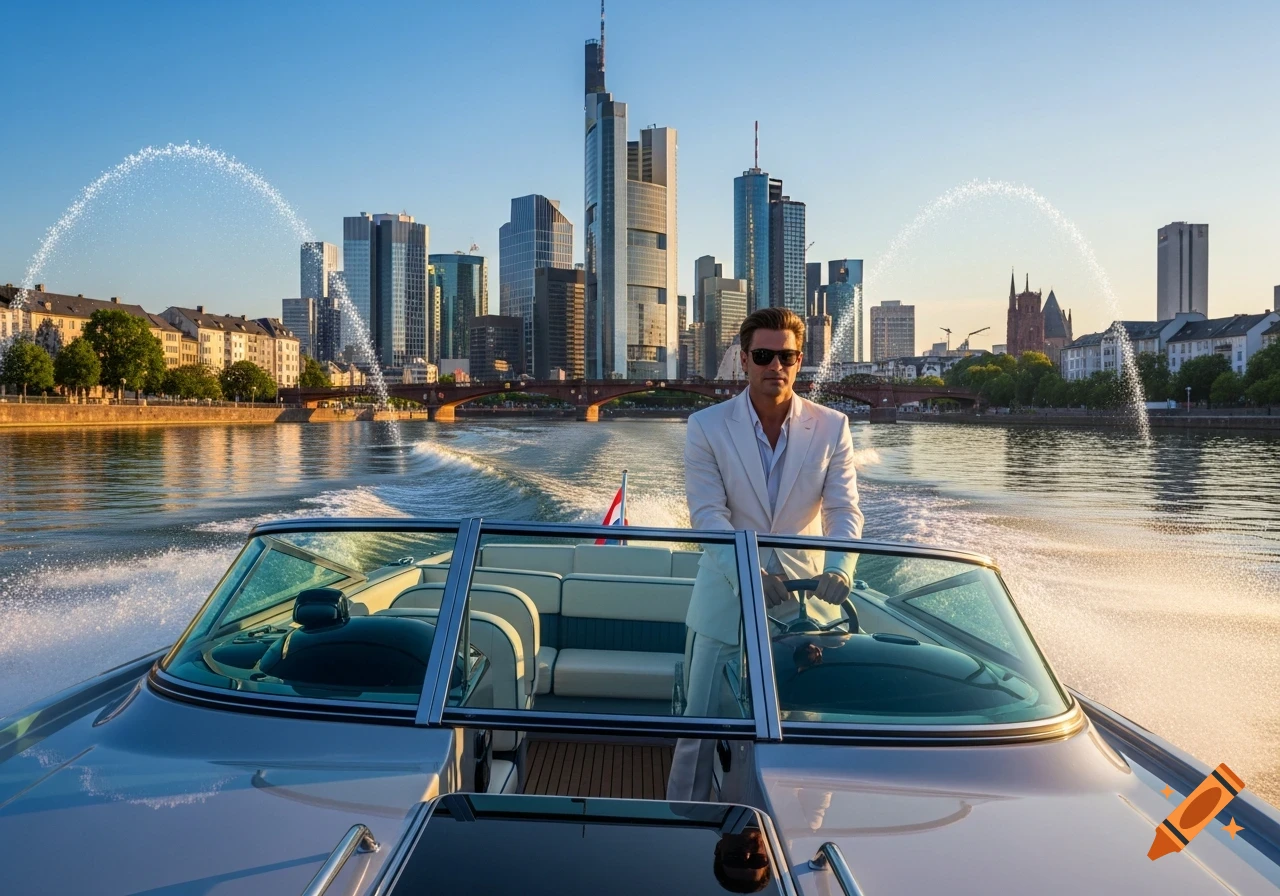A man in a white suit drives a speed boat on a river in front of a modern city skyline.