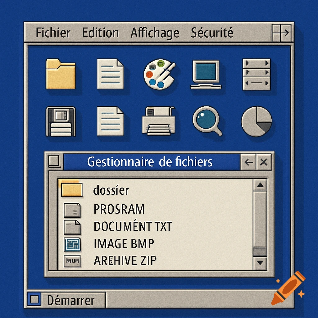A retro computer interface on a blue background, featuring a file manager window with French menu items, pixel icons, and a list of files.