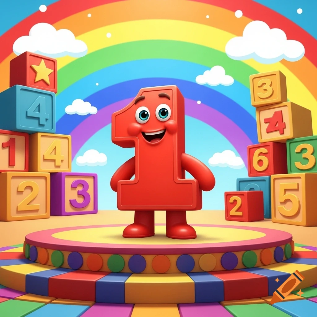A cheerful red number one character stands on a stage, surrounded by colorful number blocks and a rainbow background.