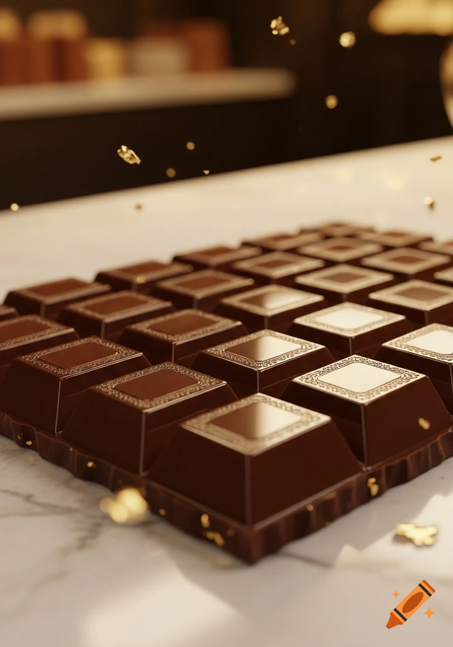 Photorealistic dark chocolate bar with decorative squares, scattered gold flakes, on a white marble surface.
