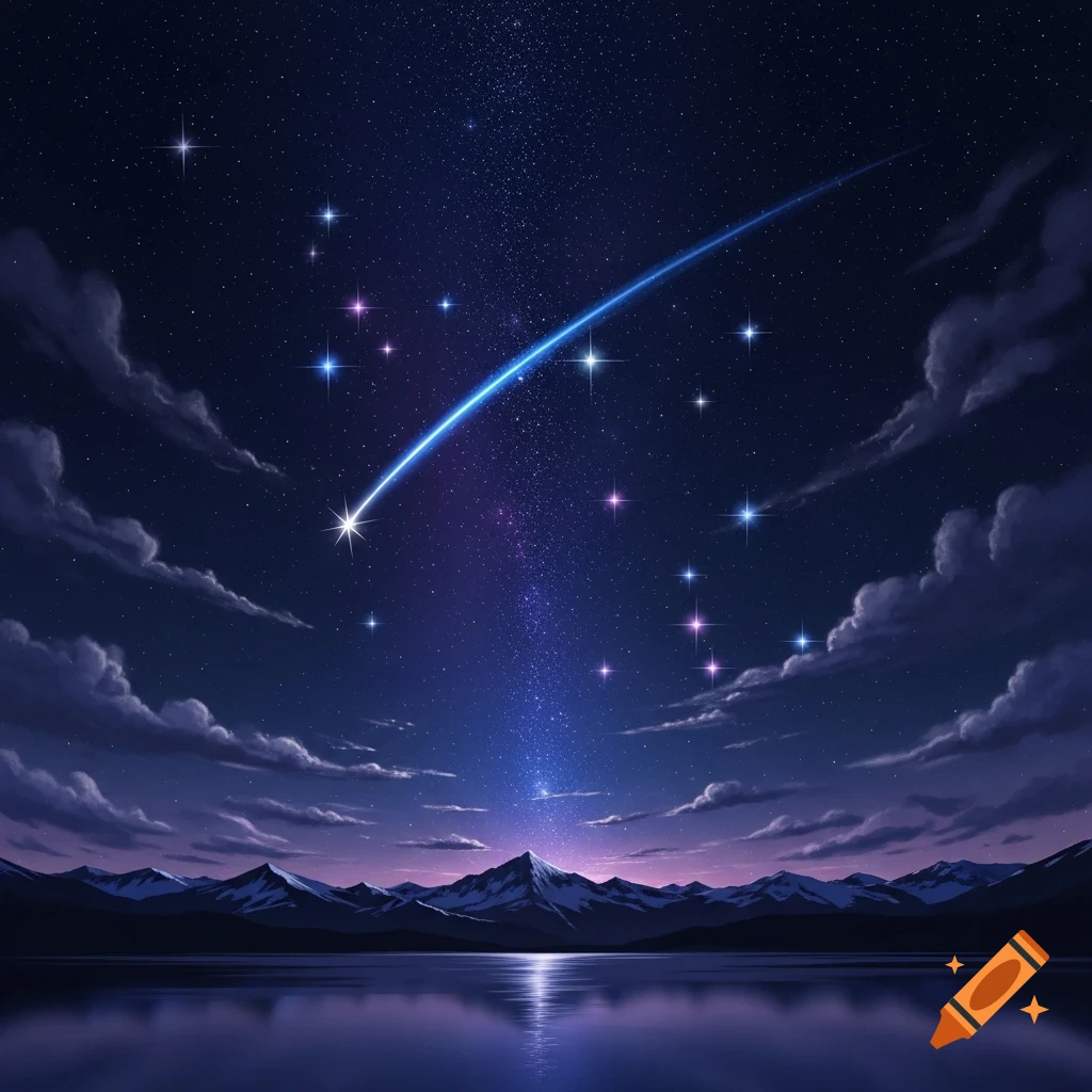 Vibrant night sky with a bright shooting star above a serene lake reflecting stars and silhouetted mountains.