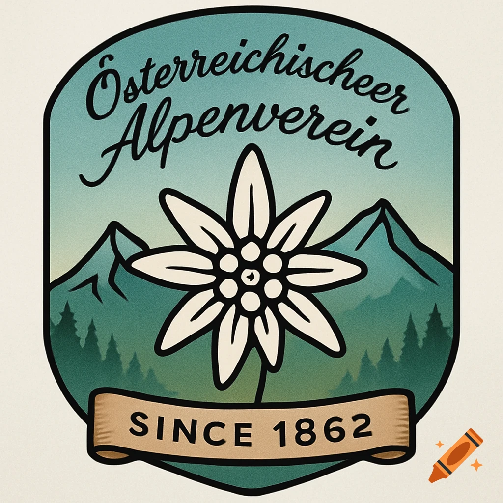 An oval-shaped logo for "Österreichischer Alpenverein" featuring a white edelweiss flower, green pine trees, and blue mountains under a gradient sky. A banner below reads "SINCE 1862".