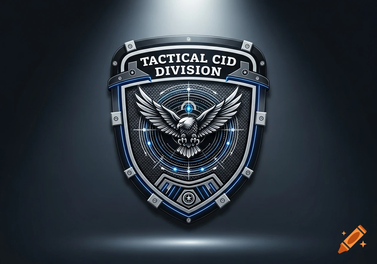A metallic shield emblem with an eagle, targeting graphics, and 'TACTICAL CID DIVISION' text, featuring blue glow accents.