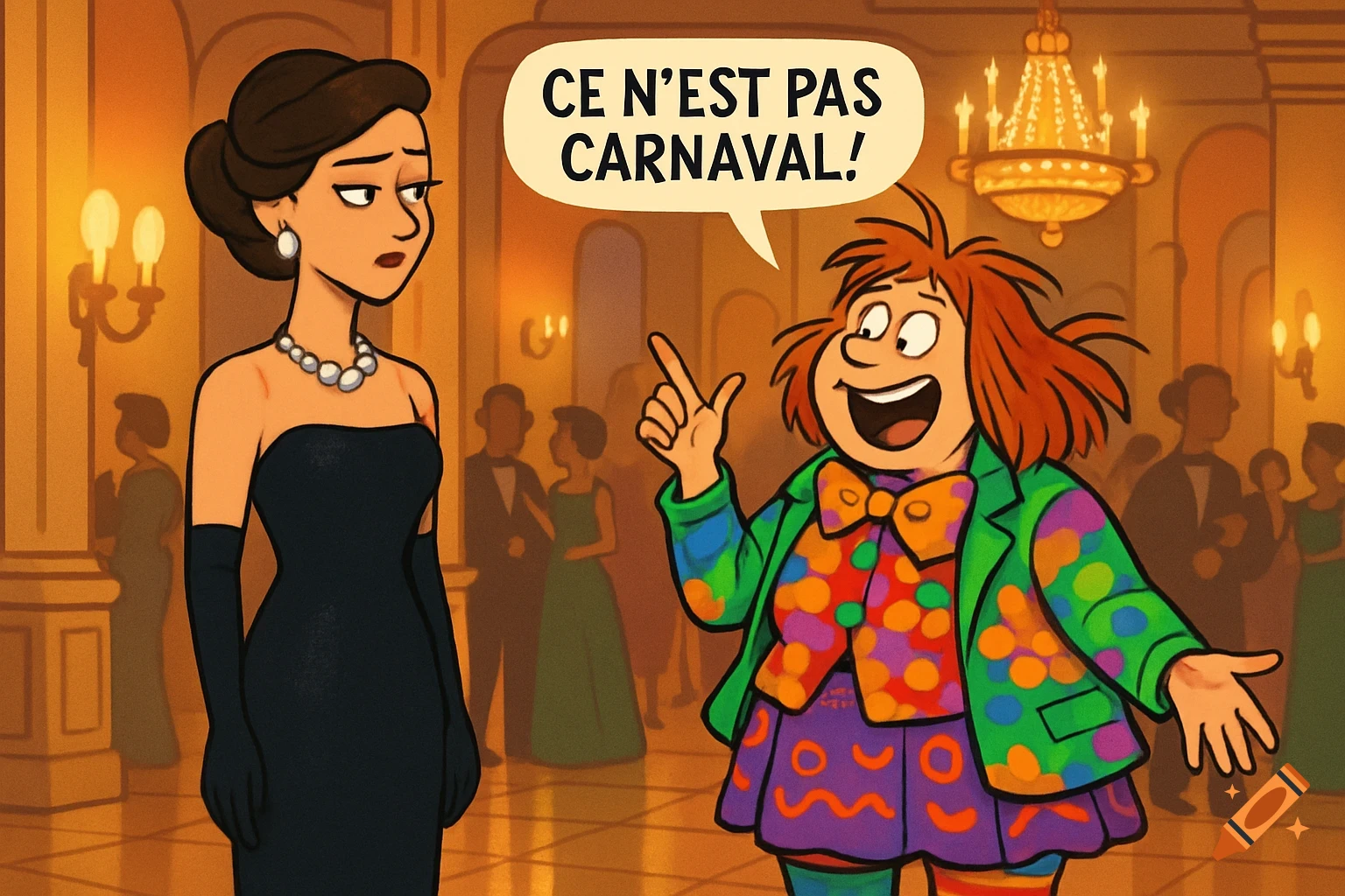 Cartoon: Elegant woman at a fancy party looking dismayed at a cheerful woman in a colorful, mismatched outfit saying 'CE N'EST PAS CARNAVAL!'.