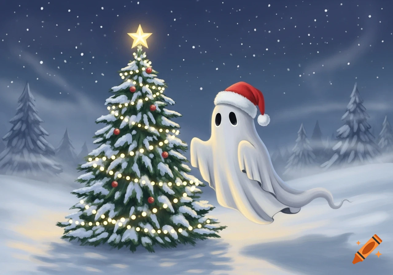 A cute ghost wearing a Santa hat floats next to a snow-covered Christmas tree adorned with lights and ornaments in a magical, snowy winter landscape.
