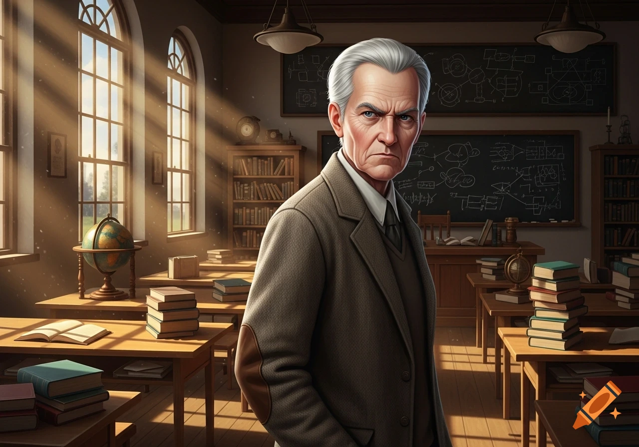 A stern, angry old male teacher with white hair stands in a sunlit, traditional classroom with wooden desks, books, and blackboards.