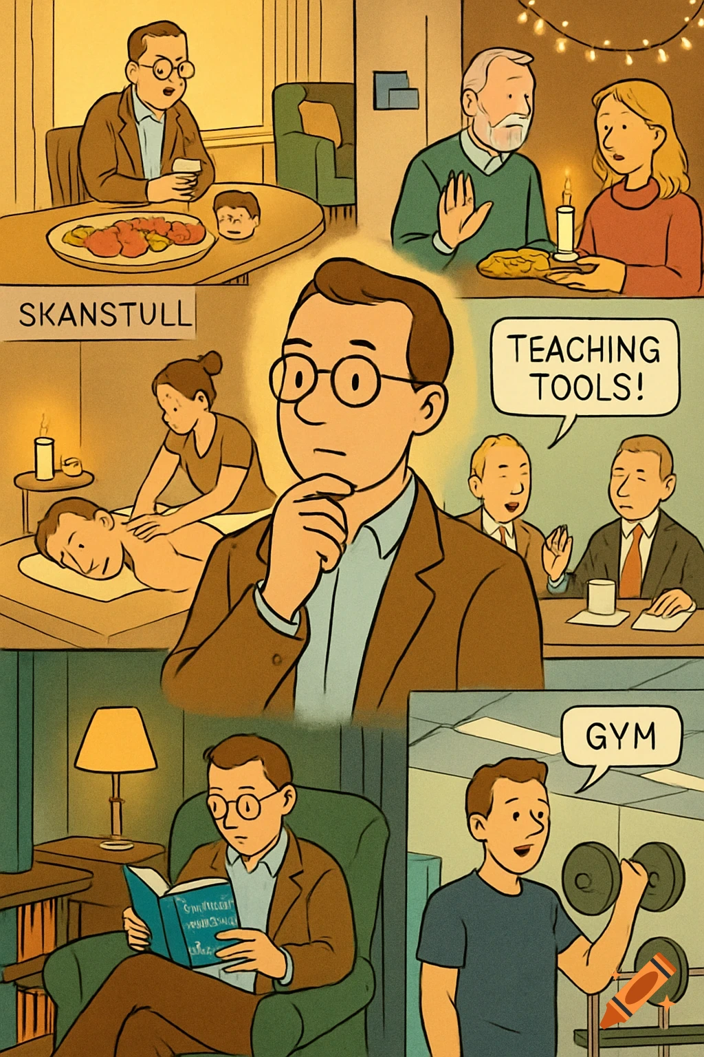A Tintin-style comic collage depicts a man's weekly activities: getting a massage in Skanstull, dining with a head on the table, an office meeting with a 'TEACHING TOOLS!' speech bubble, reading a book, and lifting weights in a 'GYM' with a speech bubble.