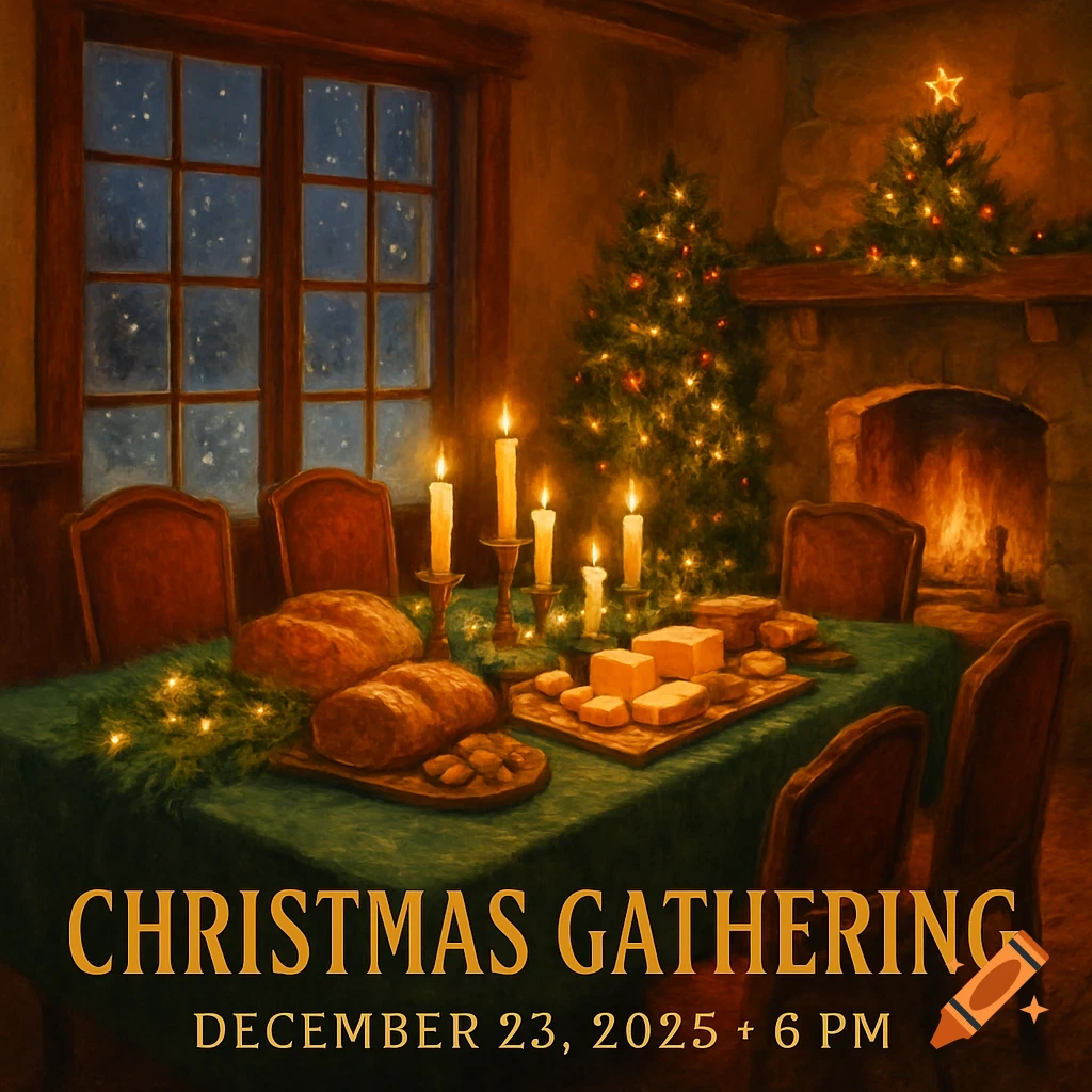 A cozy, painterly Christmas dining room with a table set with bread and cheese, lit by candles, a decorated tree, and a fireplace.