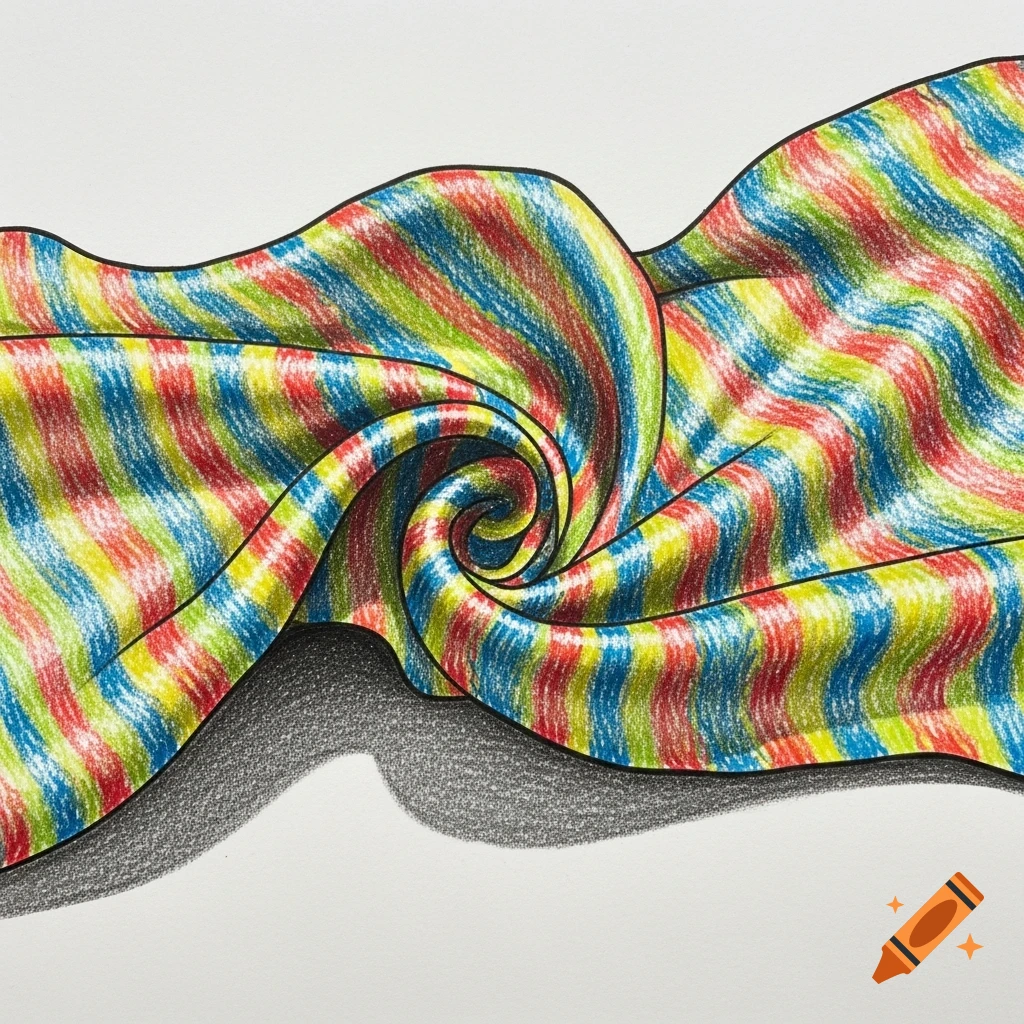 A colorful drawing of striped fabric with red, blue, green, and yellow waves, forming a central swirl and casting a shadow.