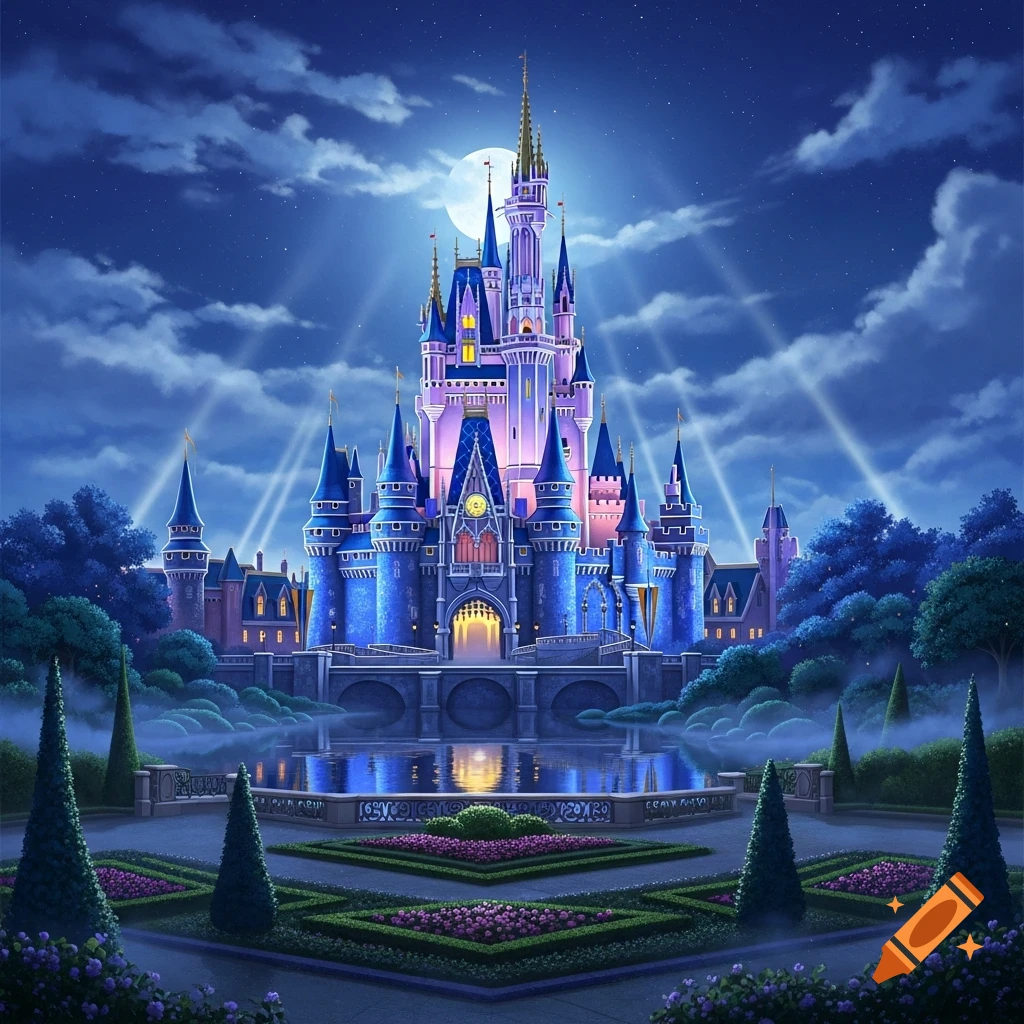 A majestic blue and purple fairytale castle glows under a full moon at night, surrounded by gardens and a reflective moat.