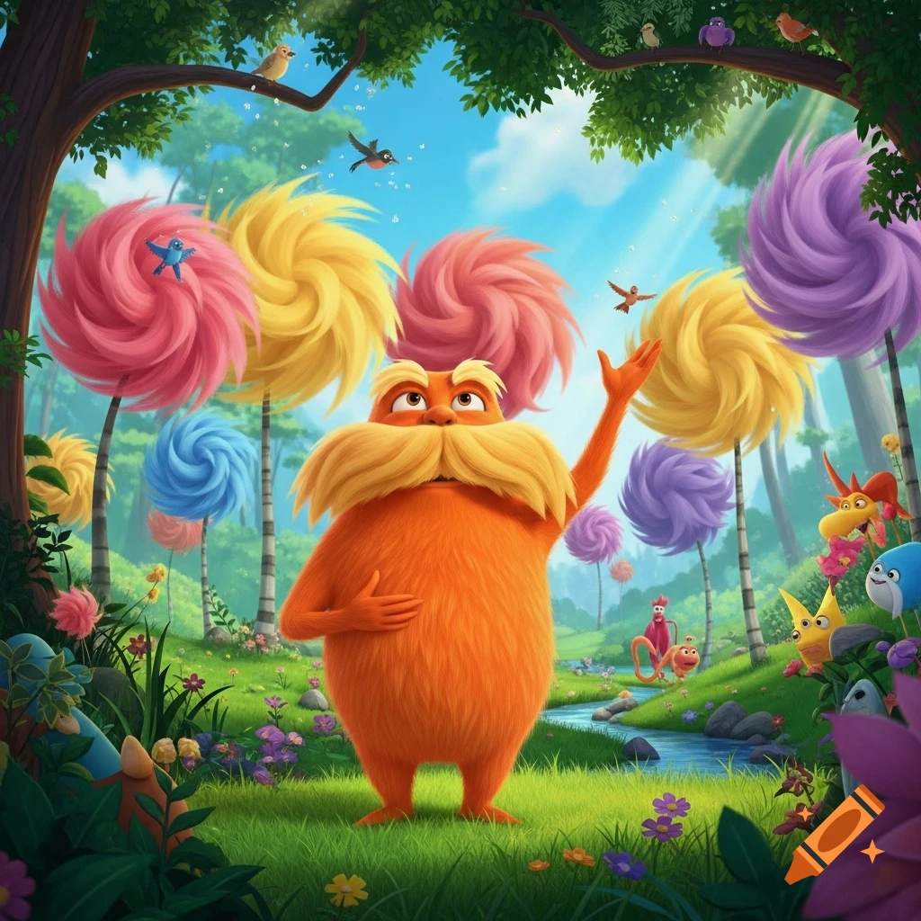 The Lorax, an orange, furry creature with a large yellow mustache, stands in a vibrant, whimsical forest with colorful Truffula Trees.