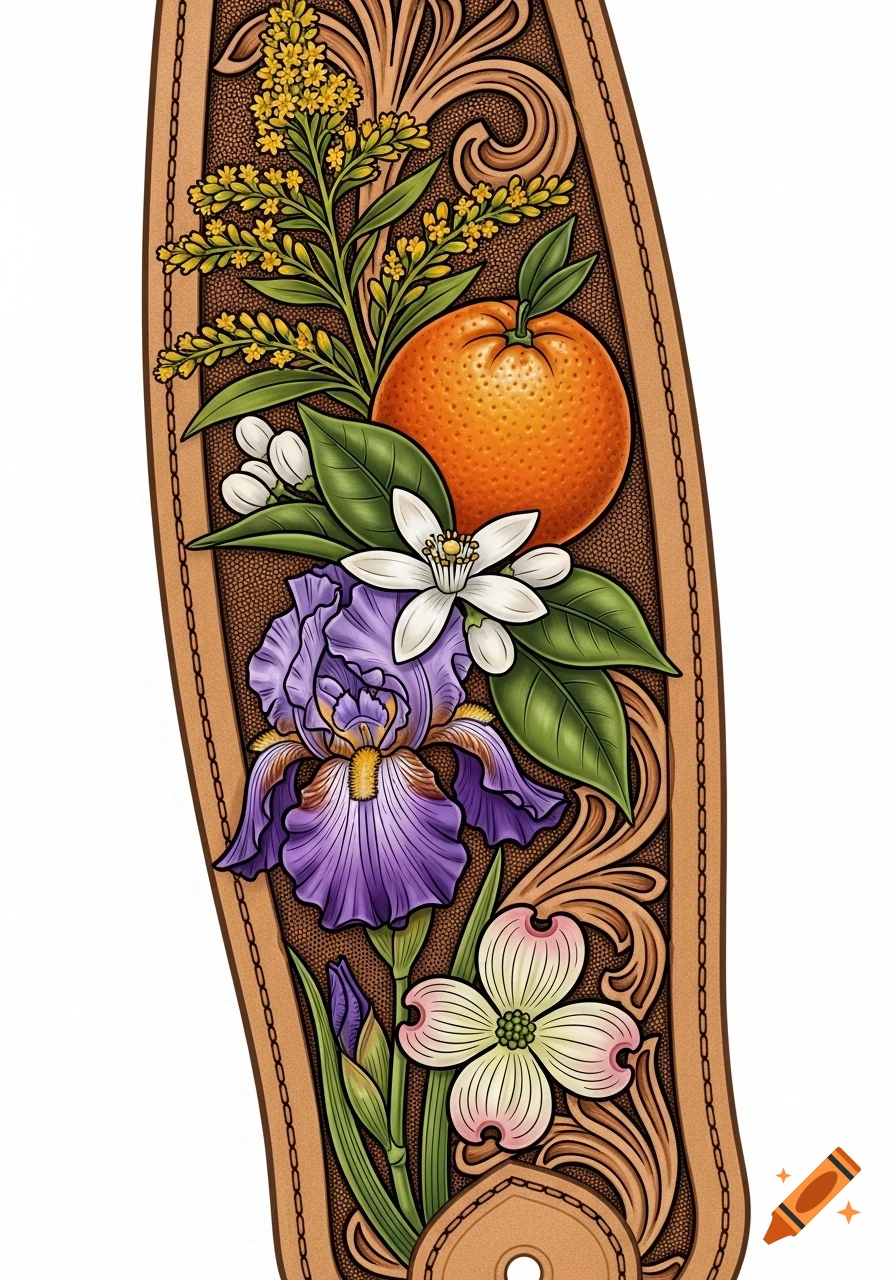 Sheridan style leather tooling art on a guitar strap featuring an iris, orange, orange blossom, dogwood, and goldenrod flowers.