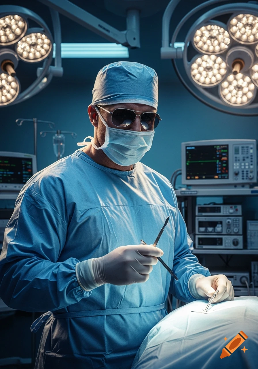 An ultra-realistic portrait of a male surgeon in an operating room, wearing a mask and sunglasses, holding a scalpel.