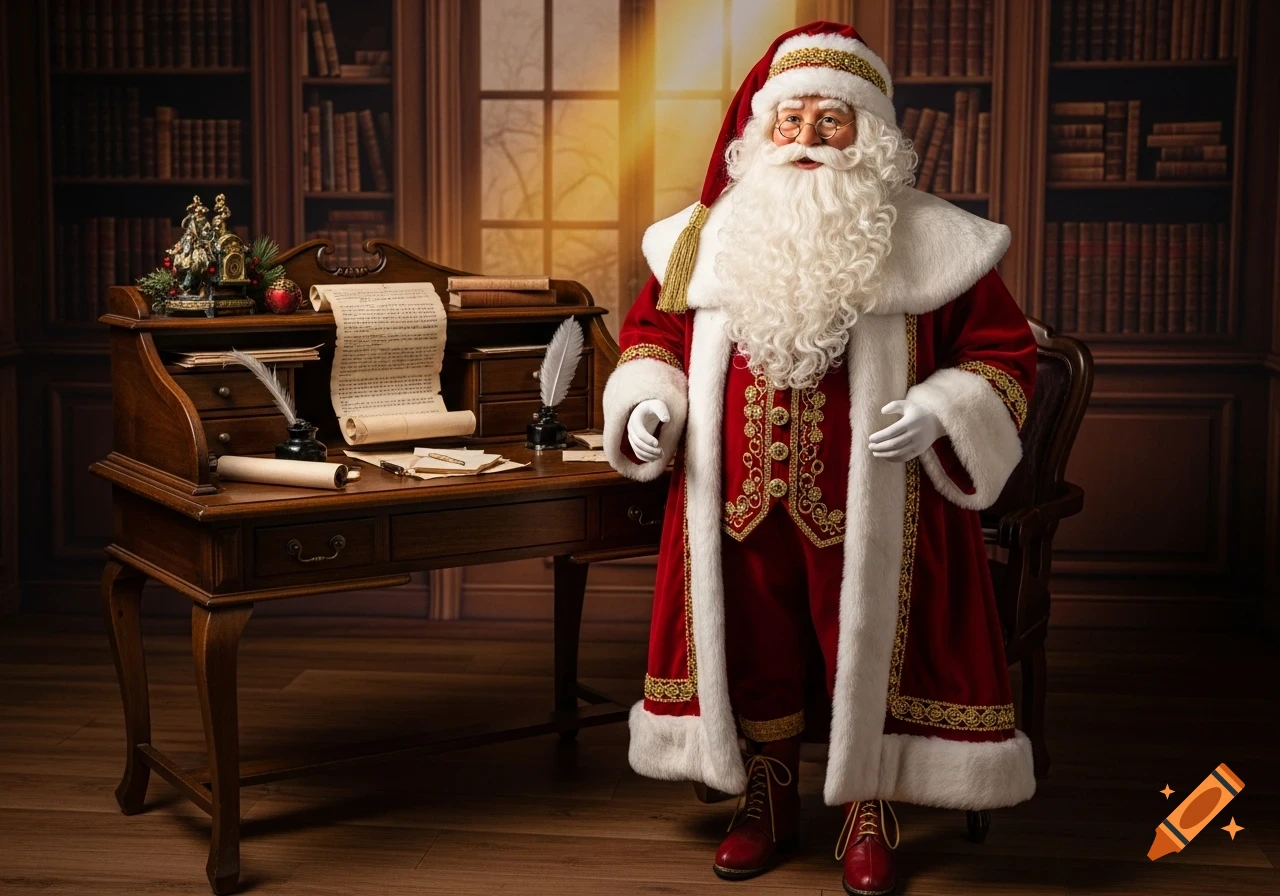 Santa Claus in a red Victorian suit stands next to a wooden desk with a quill and an illegible scroll in a library.