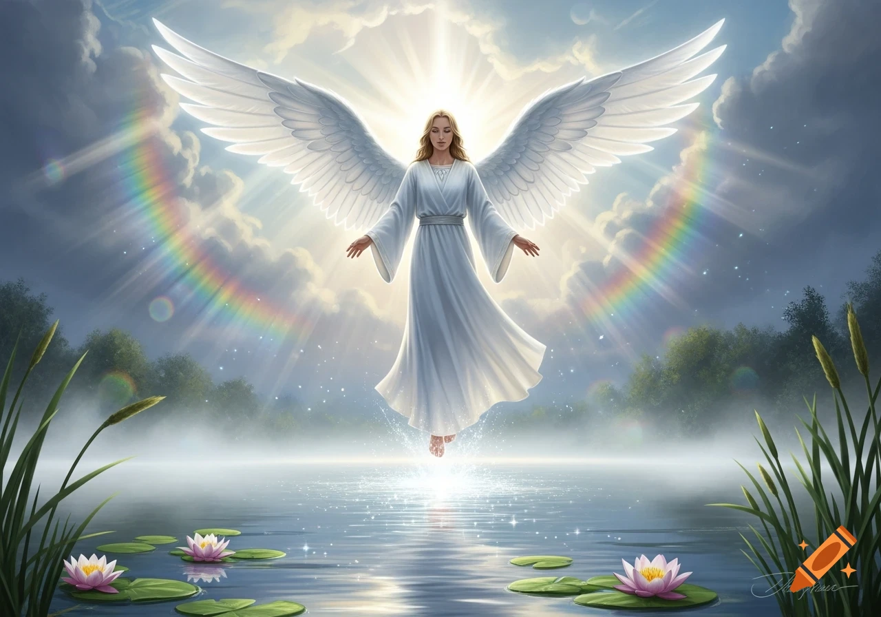 An ethereal angel with large white wings floats above sparkling water ...