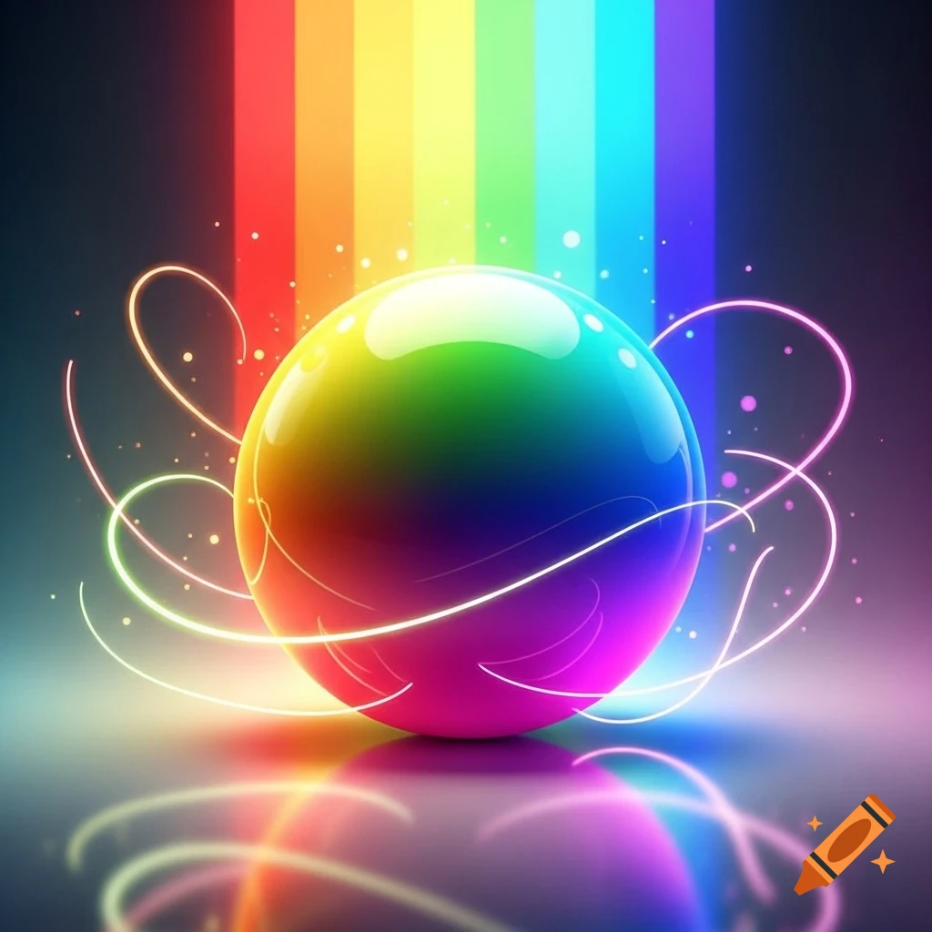 Glowing, reflective rainbow sphere with neon light trails and a vertical rainbow striped background.