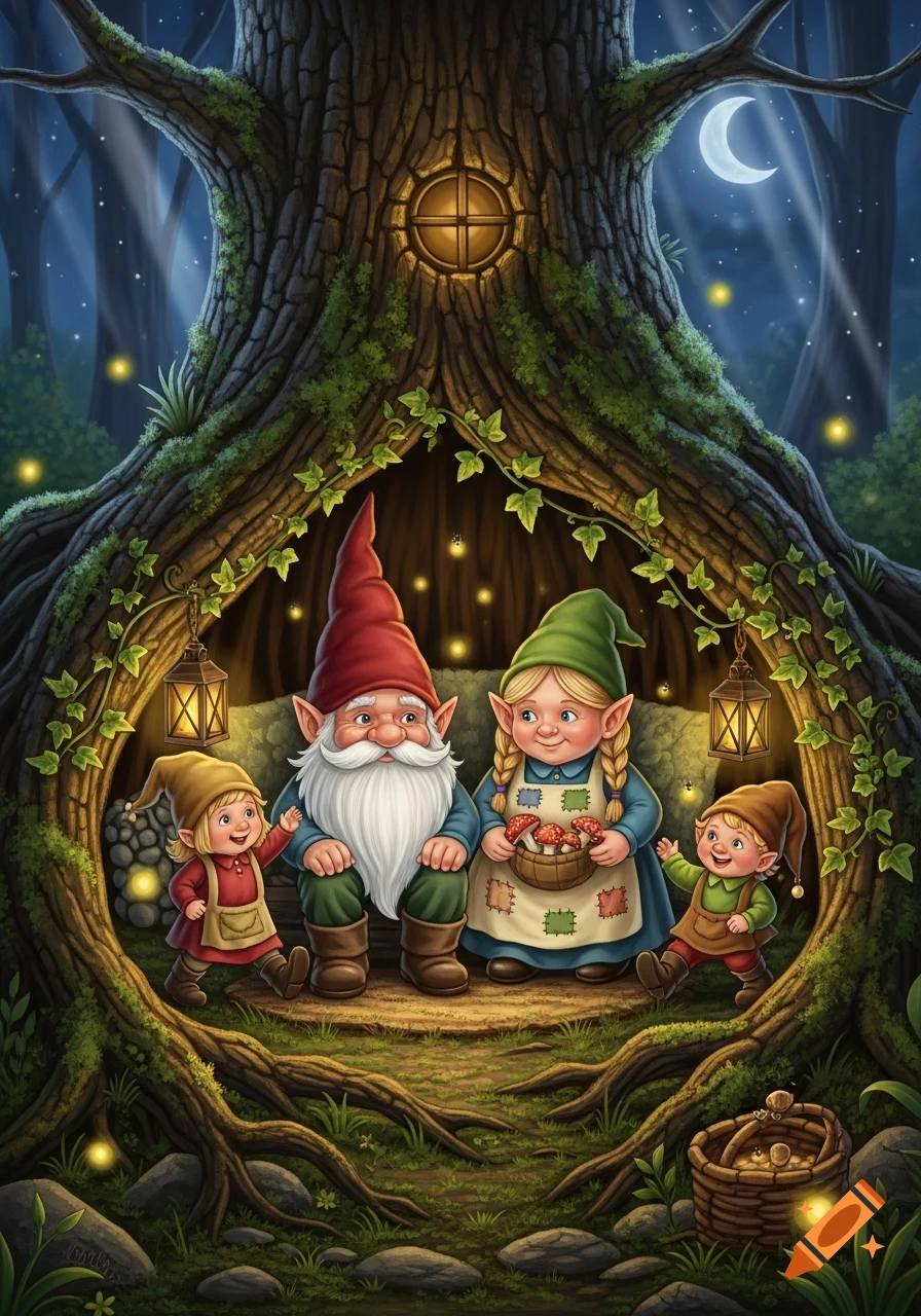 A whimsical illustration of a gnome family, including two adults and two children, sitting inside a hollow tree at night with fireflies and a crescent moon.