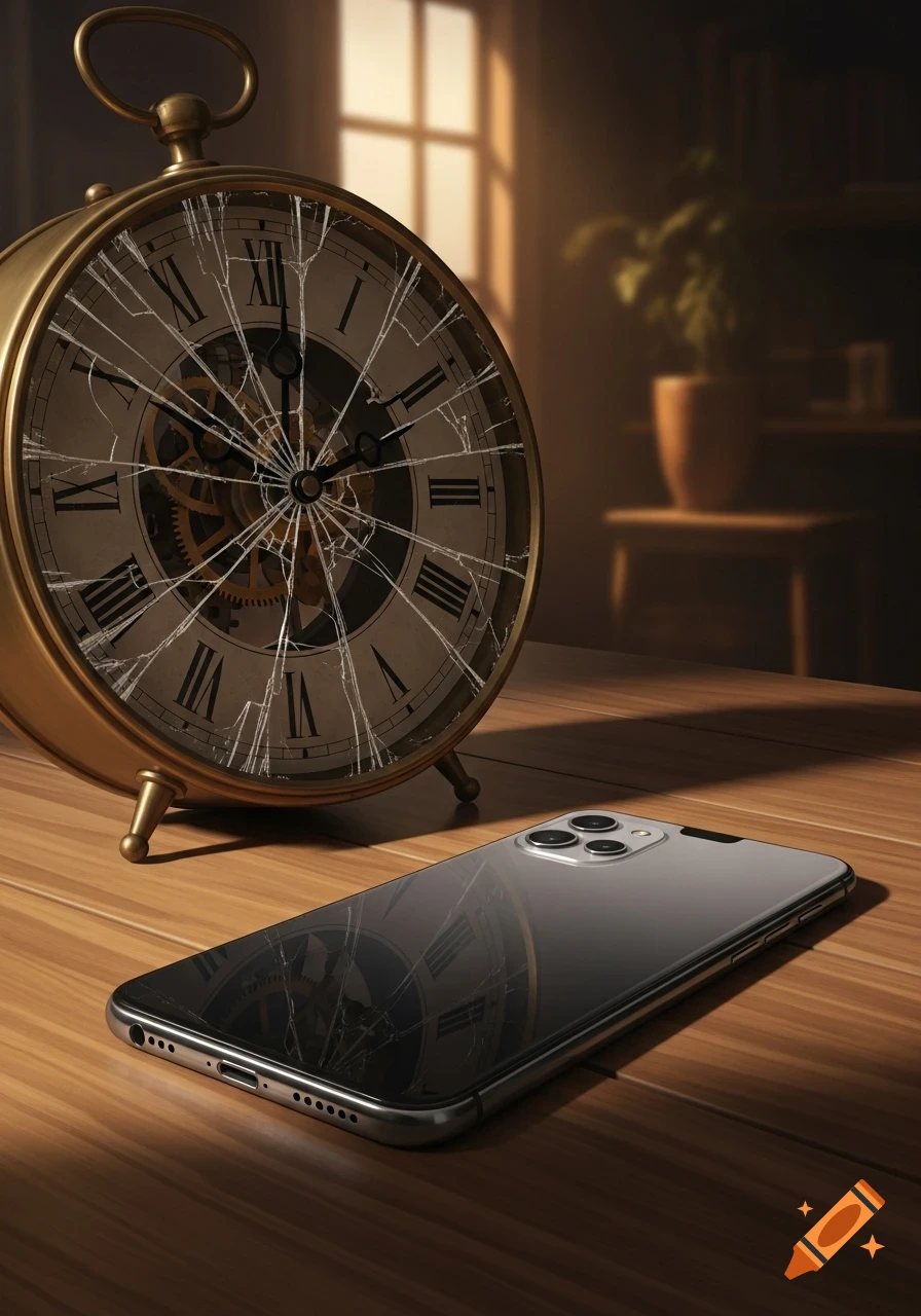 A cracked antique alarm clock stands next to a modern smartphone with a reflective, cracked screen, both on a wooden table.
