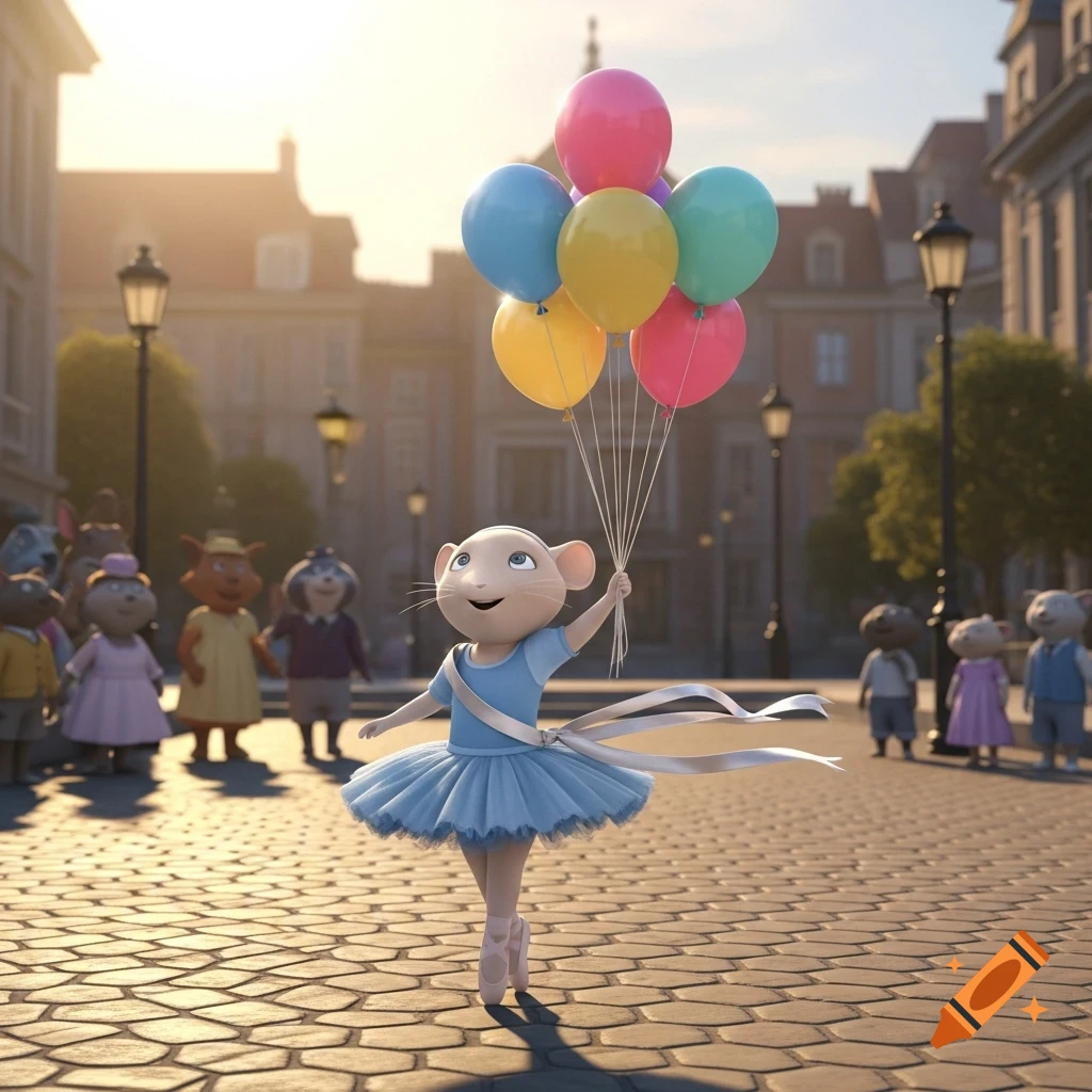 An animated mouse ballerina in a blue tutu dances on a cobblestone street, holding colorful balloons, with other animal characters blurred in the background.