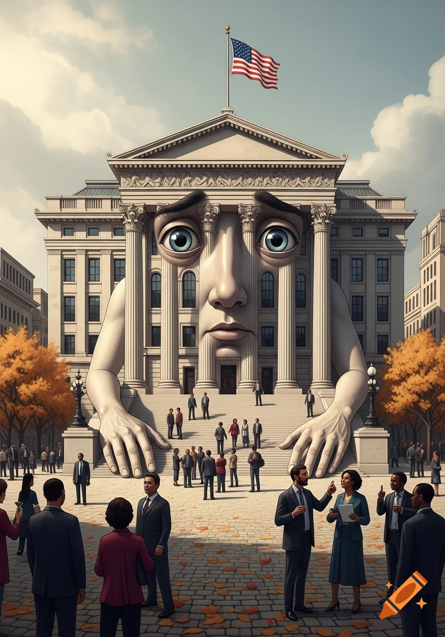 Surreal illustration of a government building with a worried human face and arms, surrounded by people on a city street with autumn leaves.