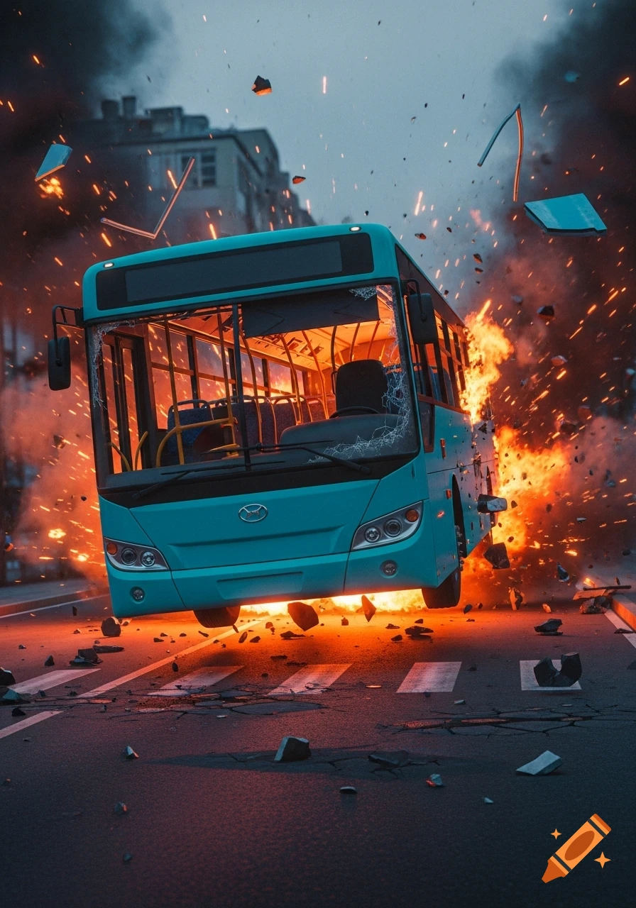A turquoise bus explodes on a city street, surrounded by fire, smoke, and debris, in a dramatic, photorealistic style.