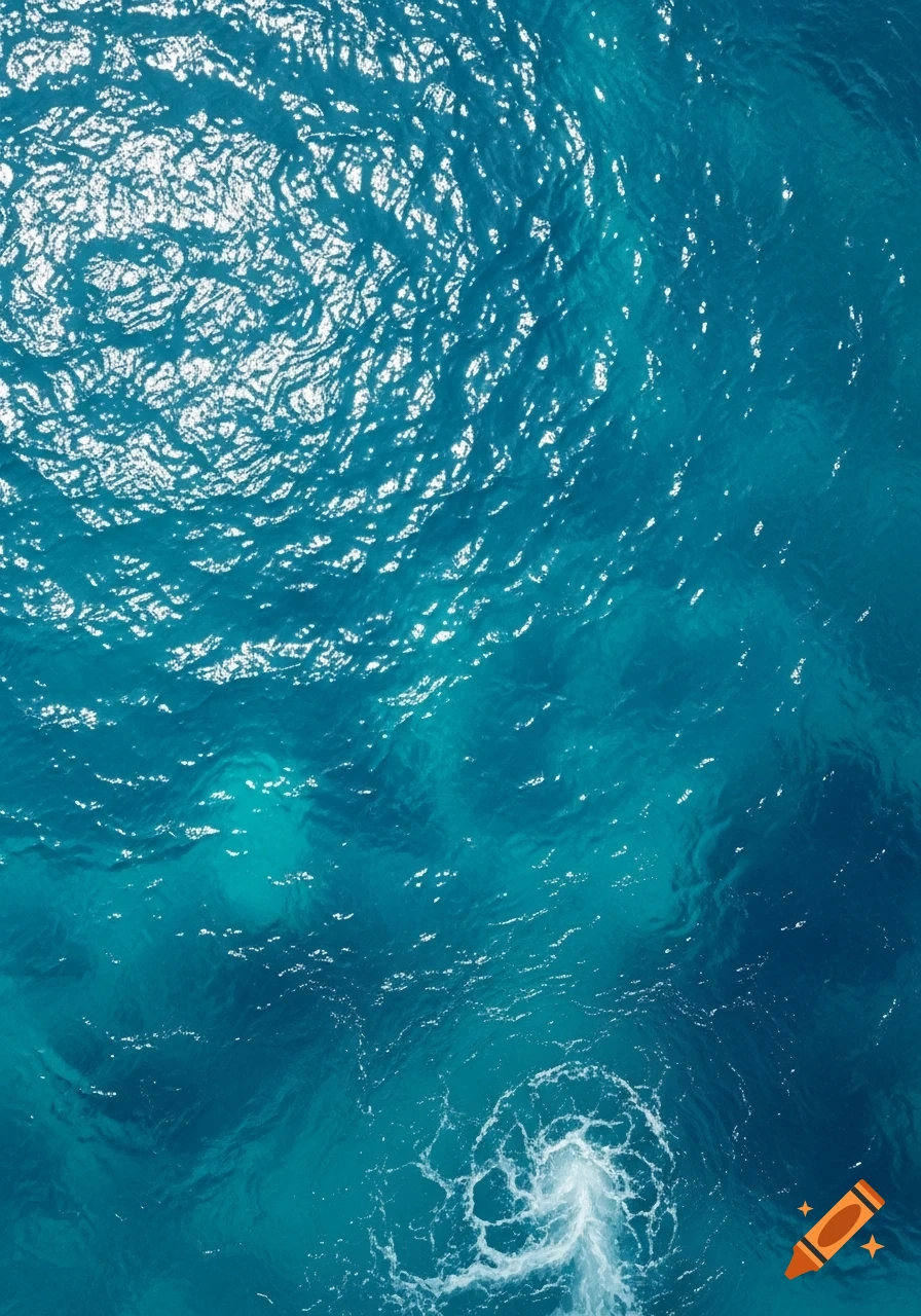 Aerial view of sparkling turquoise blue ocean water with ripples, sunlight reflections, and white foam.
