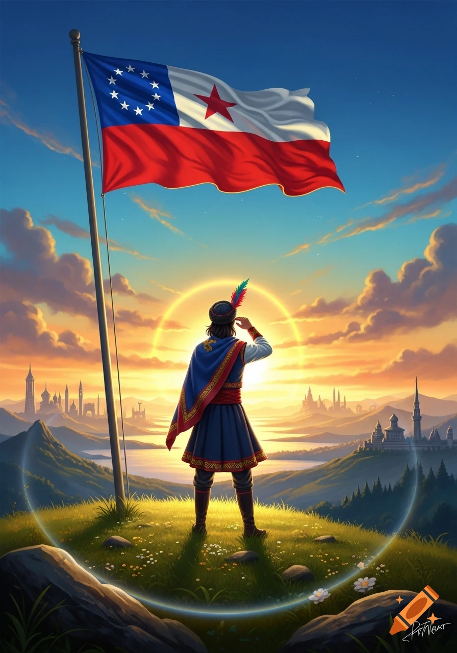 Figure in traditional attire salutes a flowing flag on a hill, overlooking a fantasy cityscape at sunset.