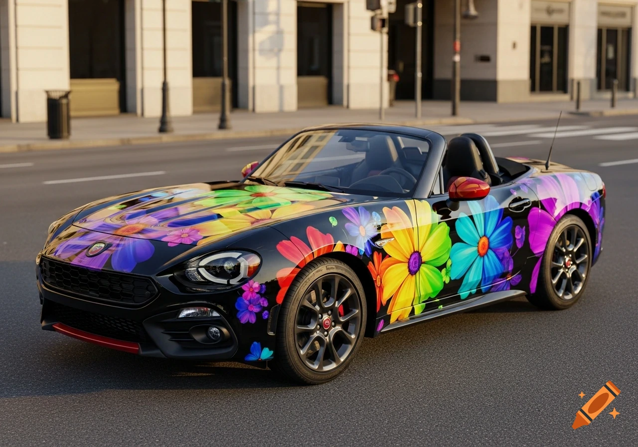 A black convertible car, decorated with a vibrant rainbow floral pattern, parked on a city street with buildings in the background.