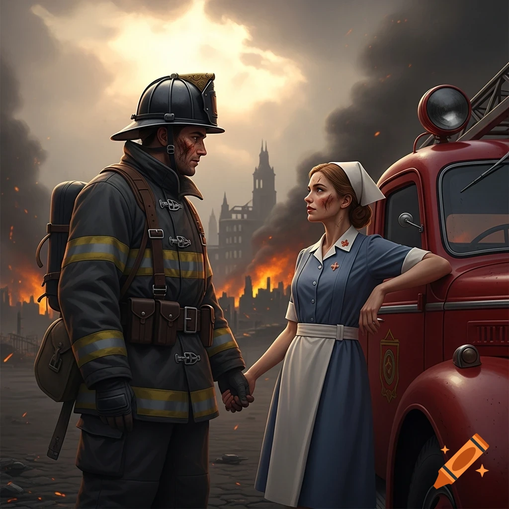 A male firefighter and a female nurse hold hands, looking at each other amidst a burning, ruined city with a red fire truck.