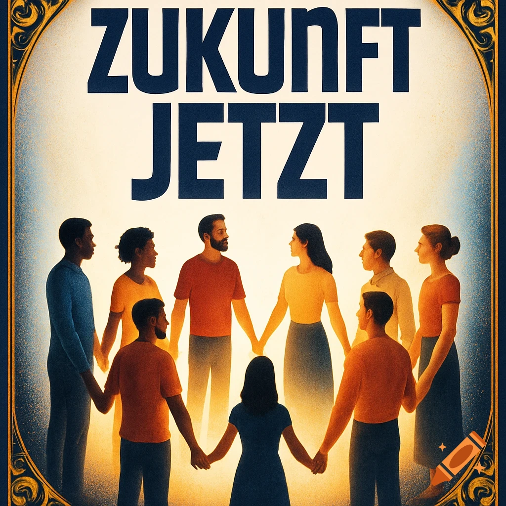 Diverse people in a circle holding hands beneath the German text 'ZUKUNFT JETZT' (FUTURE NOW) on a glowing background with gold borders.