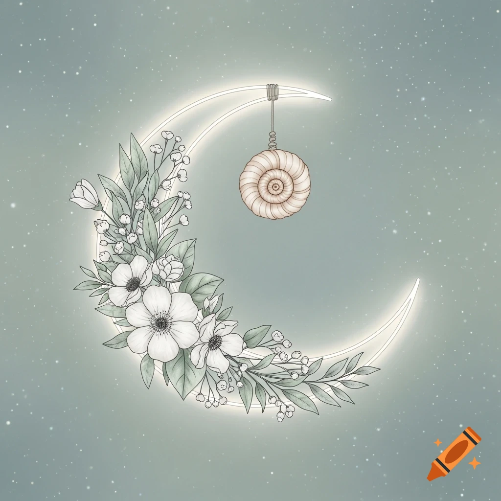 A decorative illustration of a glowing crescent moon adorned with white flowers and green leaves, with a spiral shell hanging, against a starry green background.