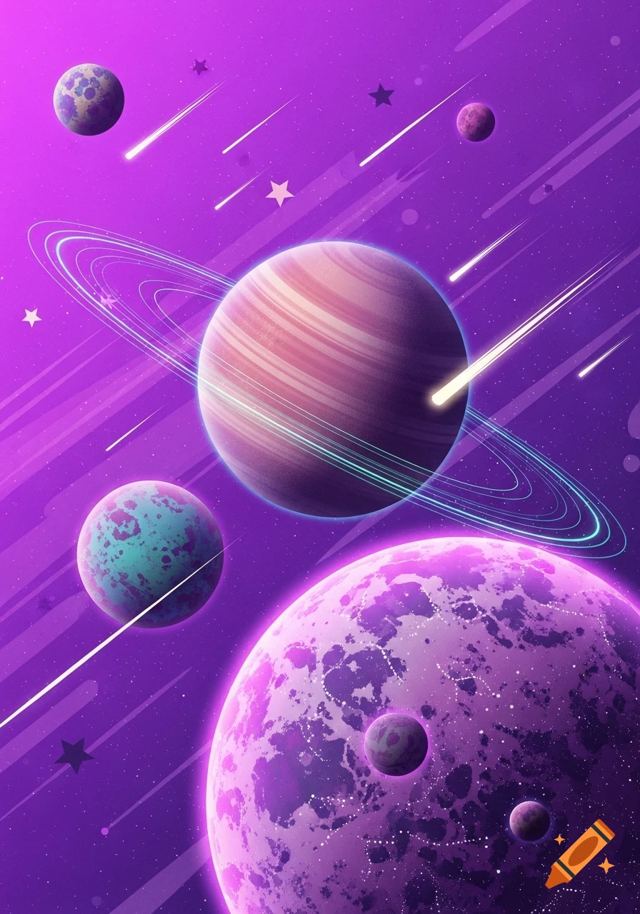 Vibrant graphic design of purple space with colorful planets, glowing rings, and shooting stars.