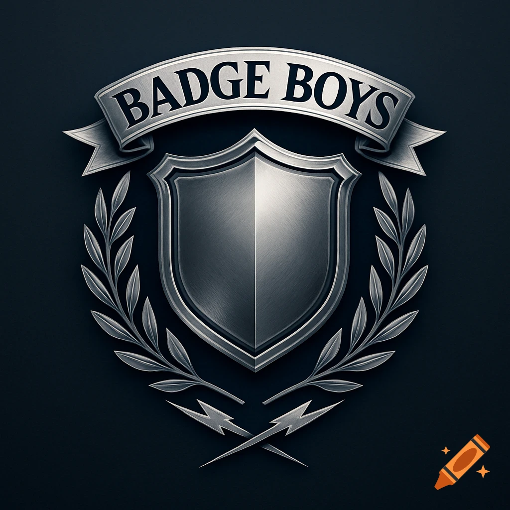 Metallic silver logo featuring a shield, a laurel wreath, and crossed lightning bolts. A banner above reads 'BADGE BOYS'.