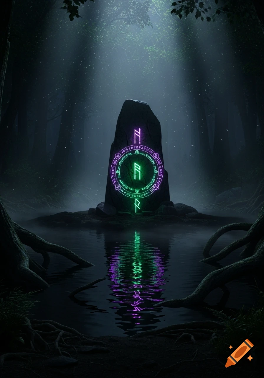 A glowing, rune-covered monolith stands in a dark forest pool, reflecting purple and green light in the water.