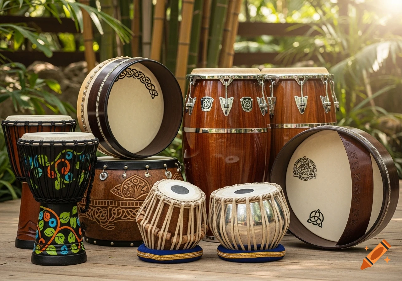 An assortment of diverse hand drums, including djembes, congas, and tablas, displayed on a wooden surface outdoors with bamboo in the background.