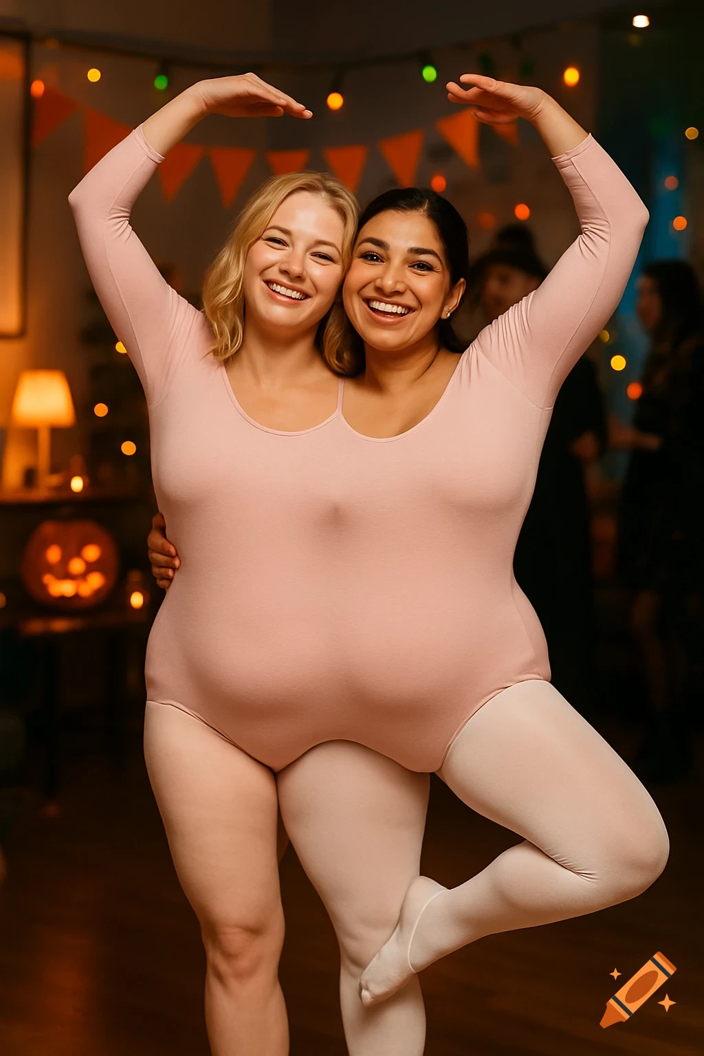 Two smiling women, merged into one body, wearing a pink leotard and white tights, strike a ballet pose at a Halloween party.